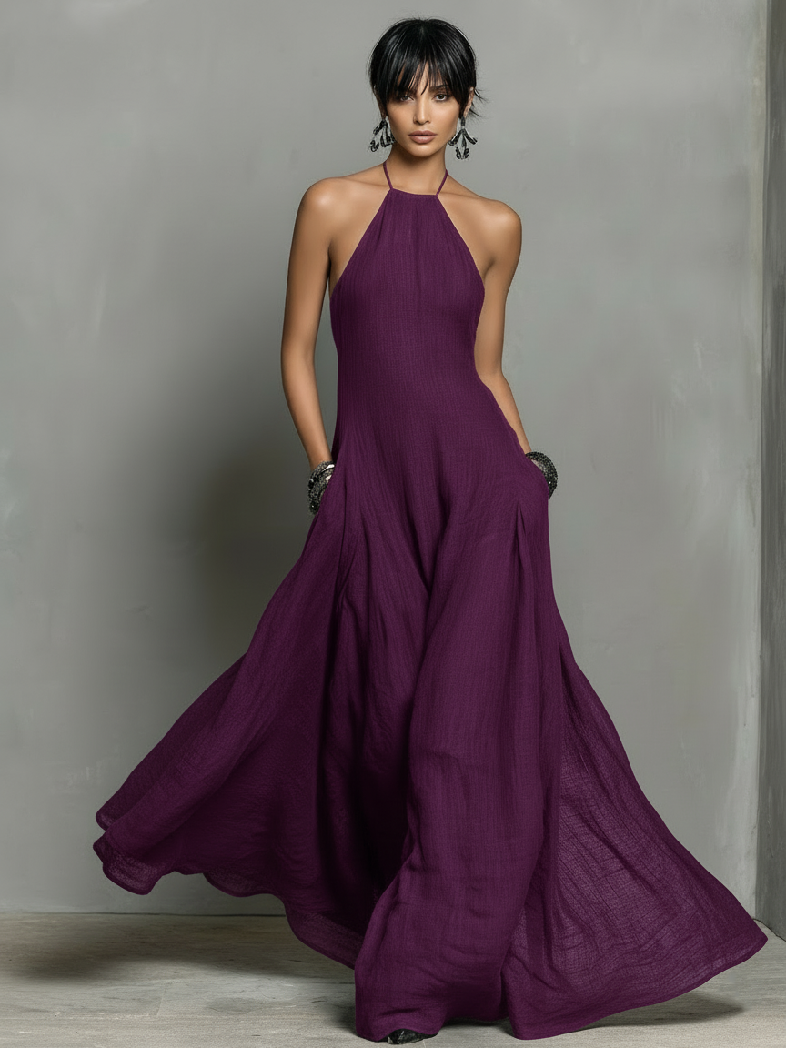 Vestido Maxi Sin Mangas en Mezcla de Lino Minimalista para Mujer