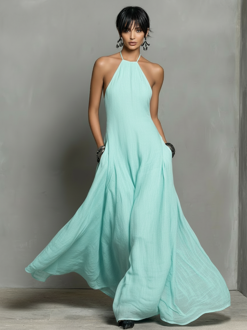 Vestido Maxi Sin Mangas en Mezcla de Lino Minimalista para Mujer