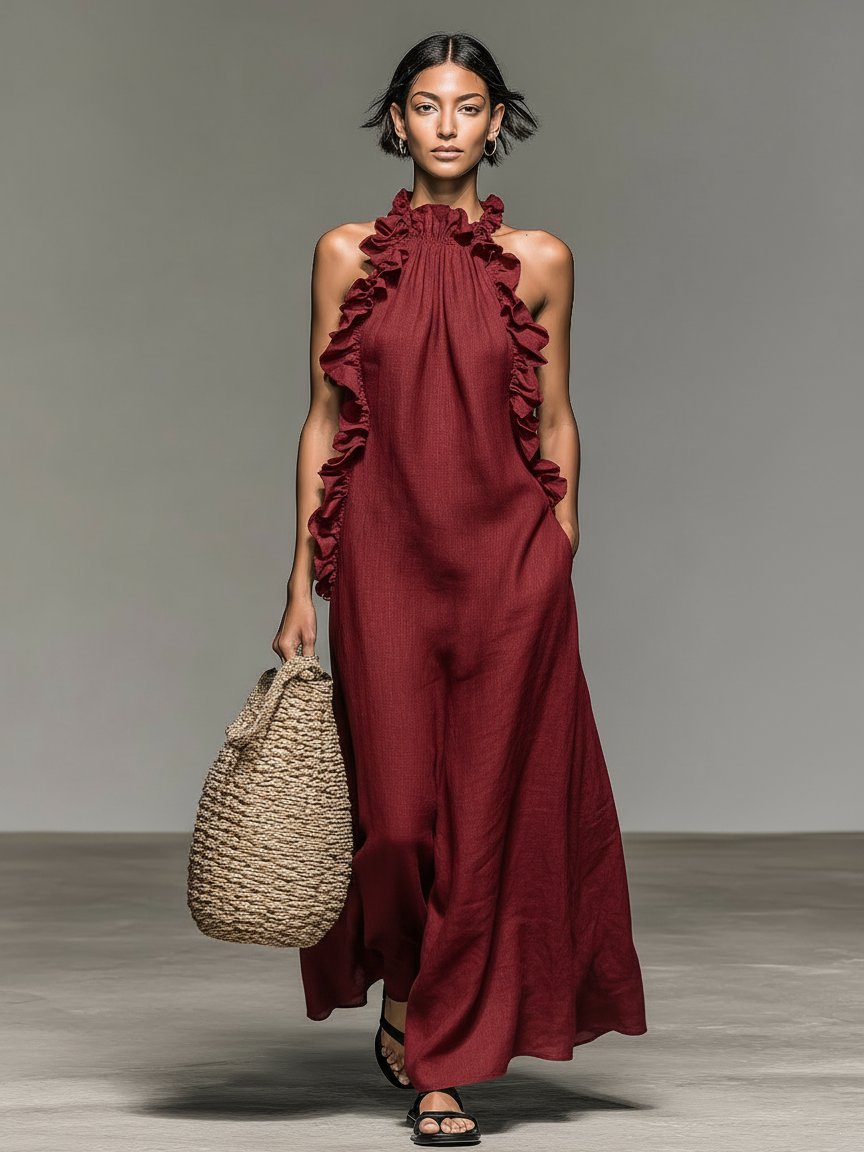 Vestido Maxi Sin Mangas en Mezcla de Lino Minimalista para Mujer con Detalles de Volantes