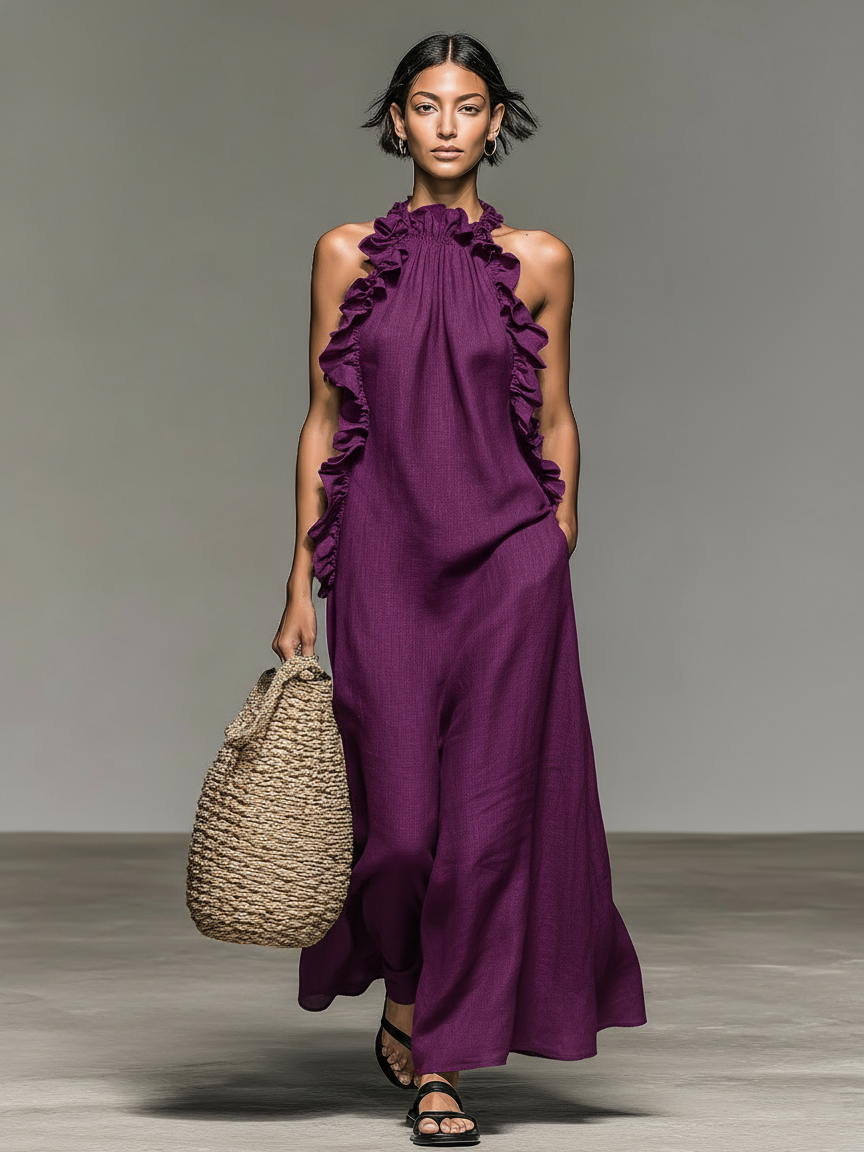 Vestido Maxi Sin Mangas en Mezcla de Lino Minimalista para Mujer con Detalles de Volantes