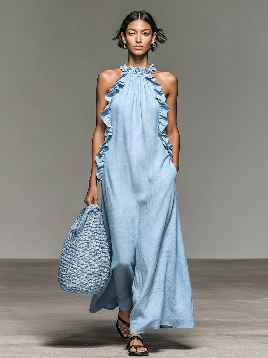 Vestido Maxi Sin Mangas en Mezcla de Lino Minimalista para Mujer con Detalles de Volantes