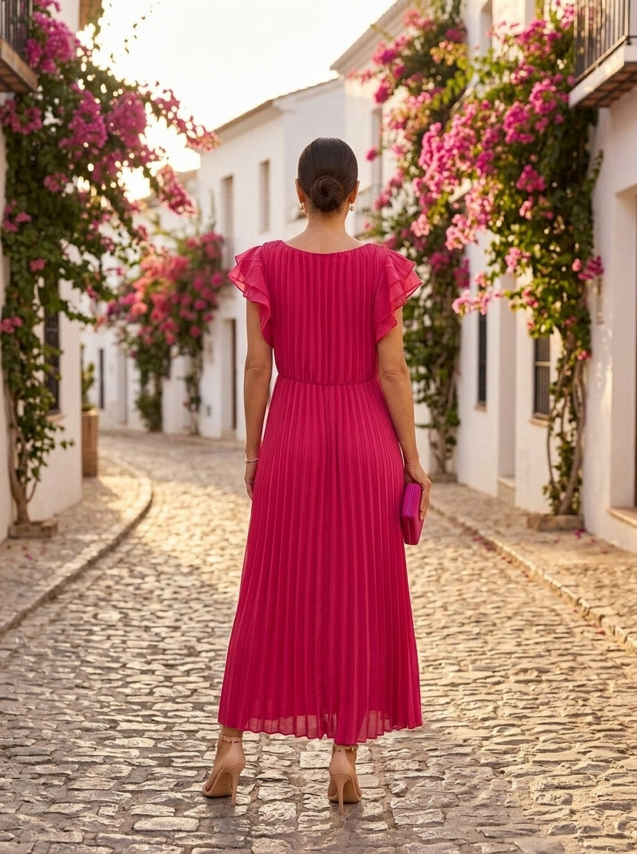 Seraphina, vestido maxi plisado fucsia, espalda