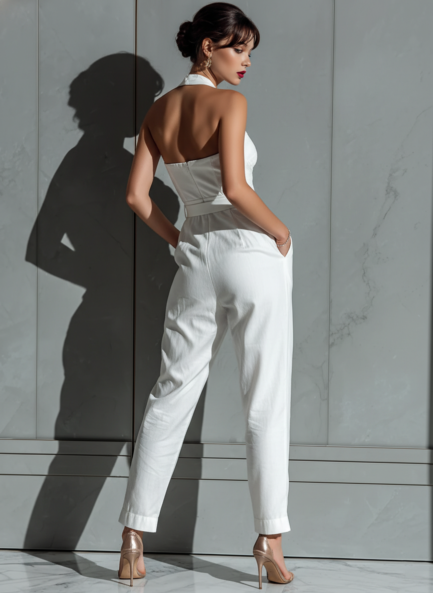 Mono Amplio De Algodón Y Lino Color Marfil Con Cintura Delgada Para Mujer