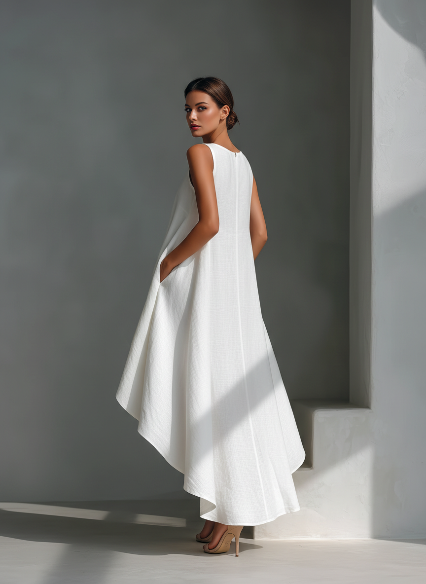 Vestido Midi Sin Mangas de Lino Blanco para Mujer con Cuello Redondo y Dobladillo Asimétrico