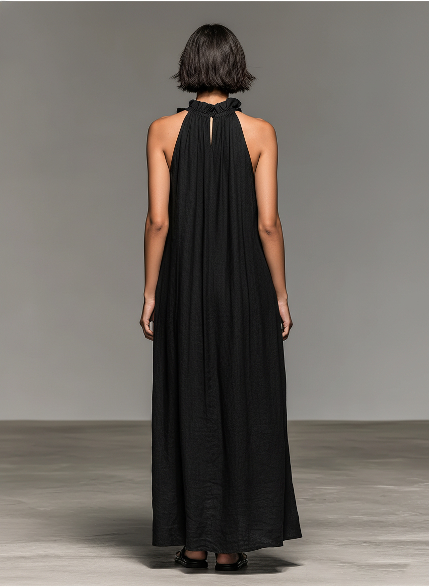 Vestido Maxi Sin Mangas en Mezcla de Lino Minimalista para Mujer con Detalles de Volantes