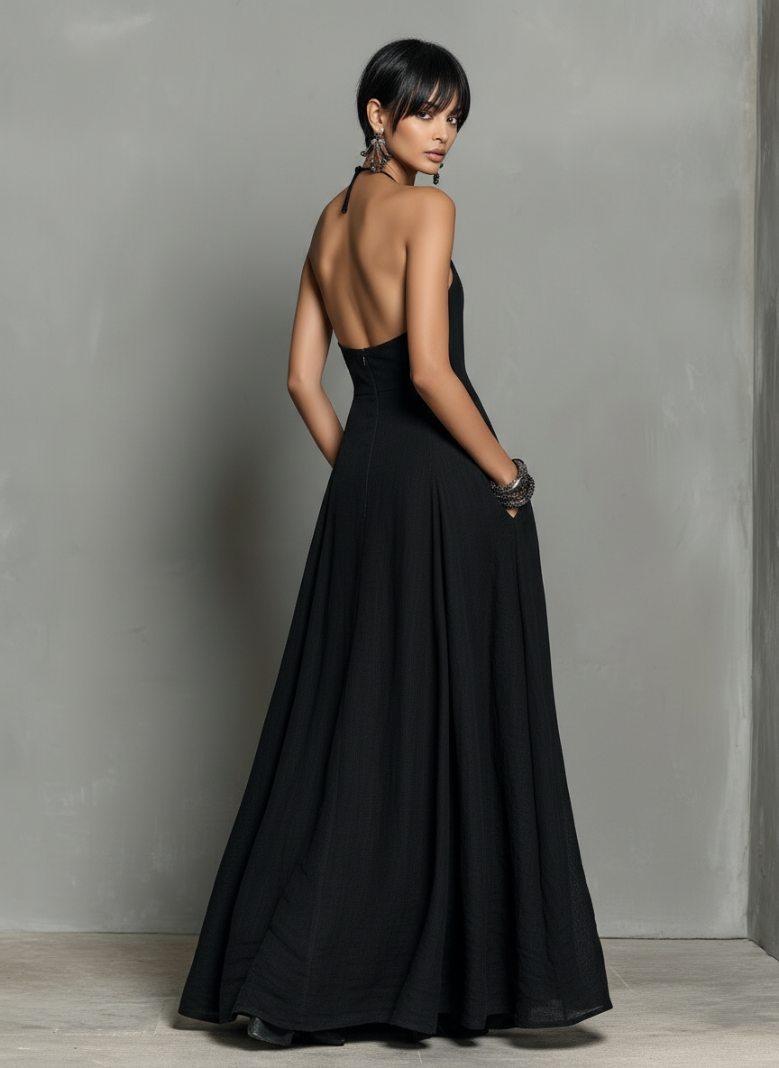 Vestido Maxi Sin Mangas en Mezcla de Lino Minimalista para Mujer