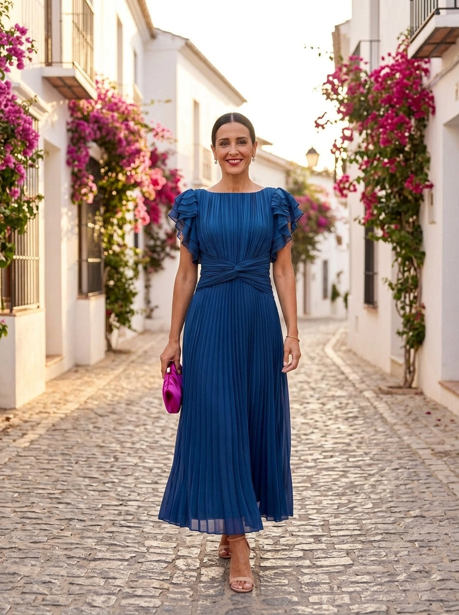 Seraphina, vestido maxi plisado azul real