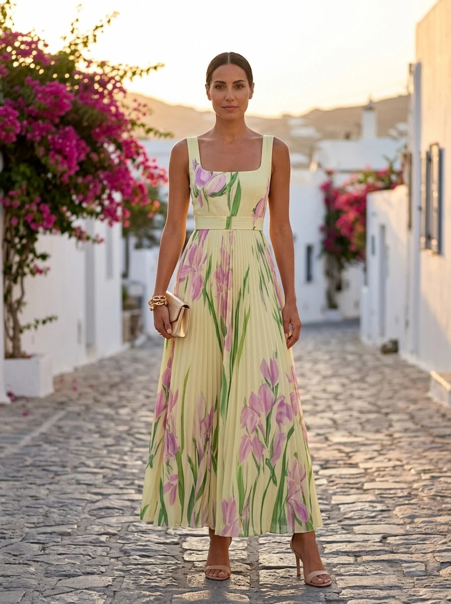 Oriah, vestido maxi floral amarillo y rosa