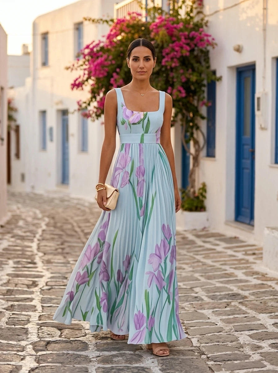 Oriah, vestido maxi floral azul y violeta