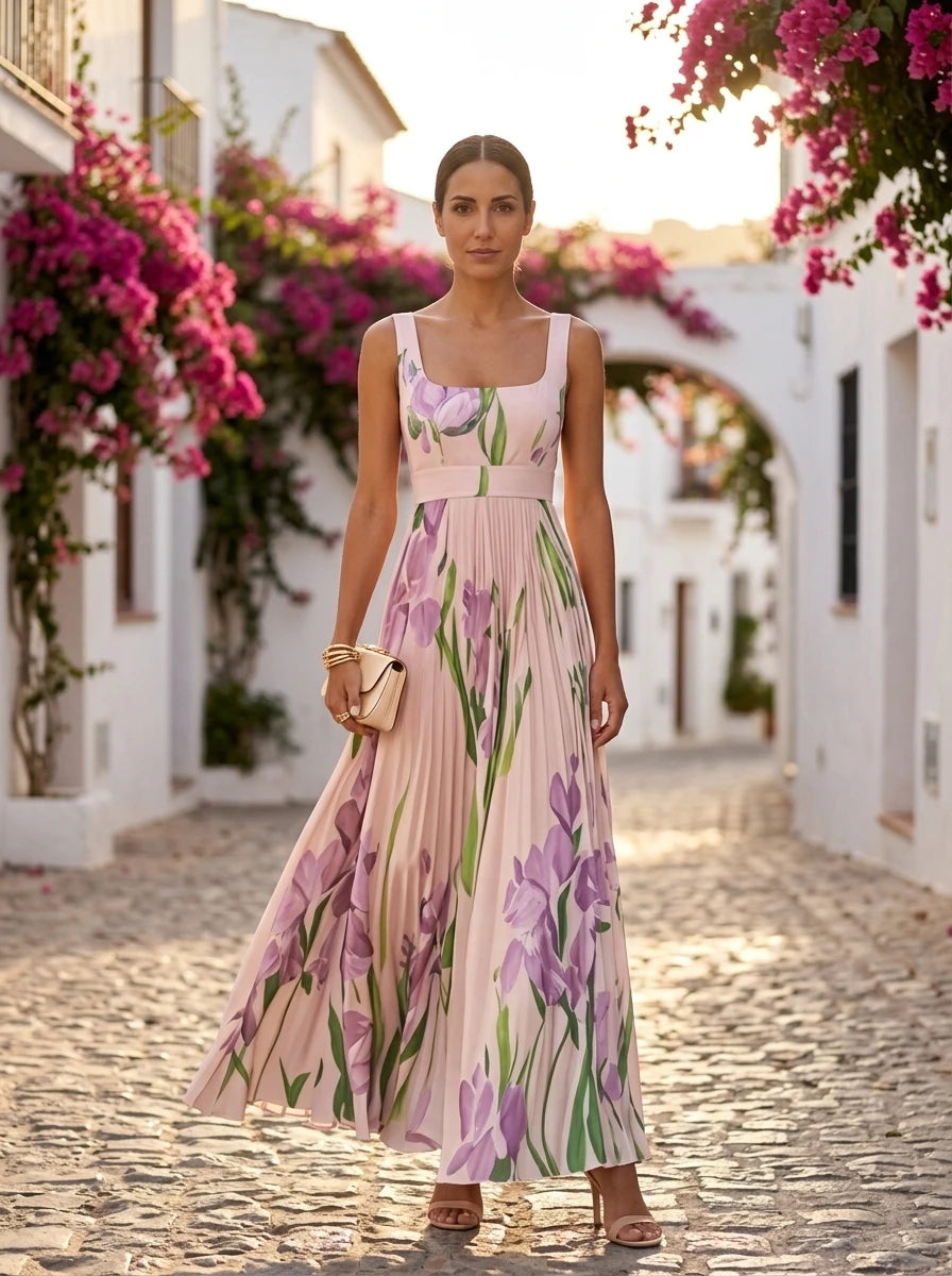 Oriah, vestido maxi floral rosa y violeta