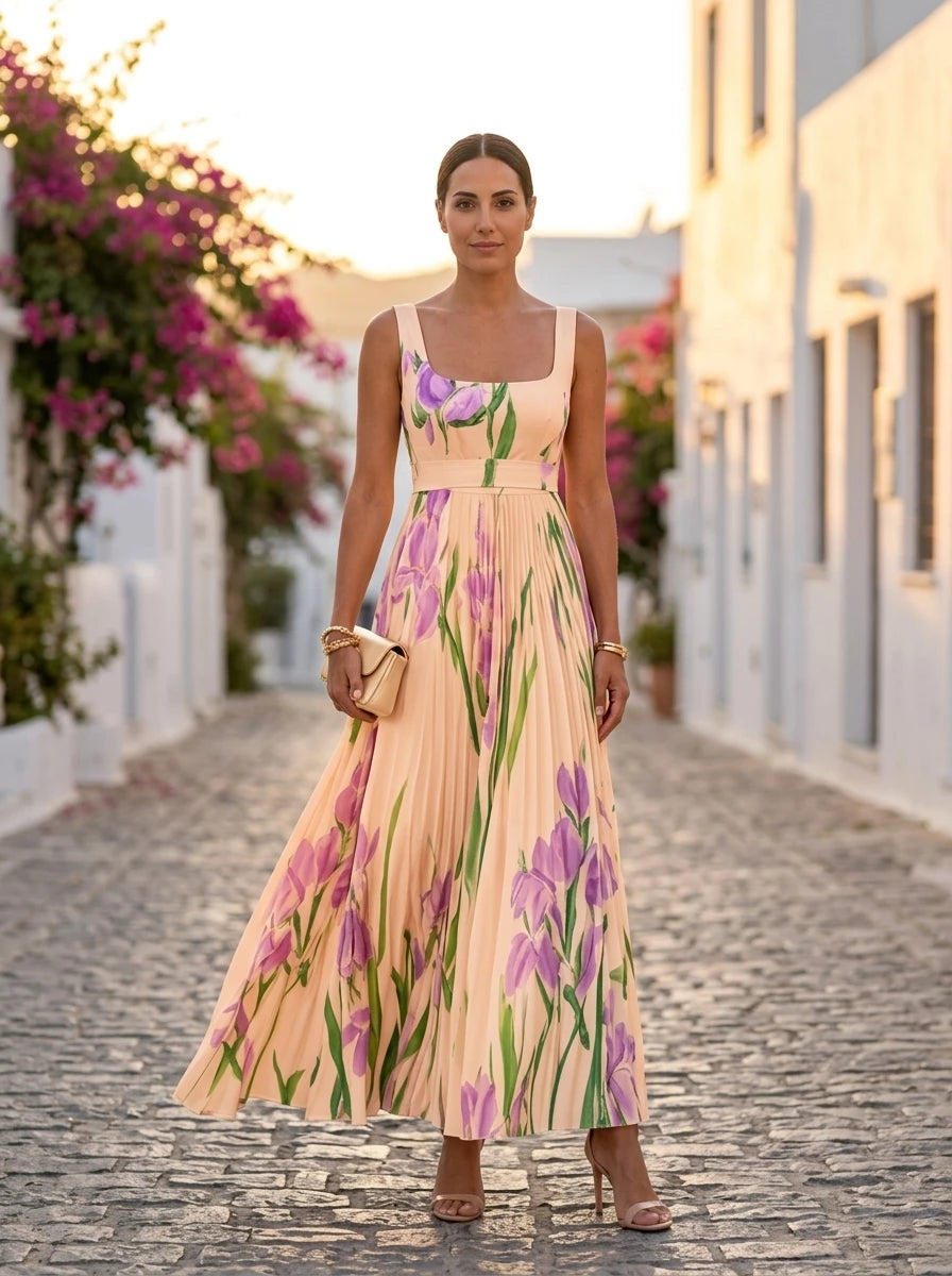 Oriah, vestido maxi floral albaricoque y violeta
