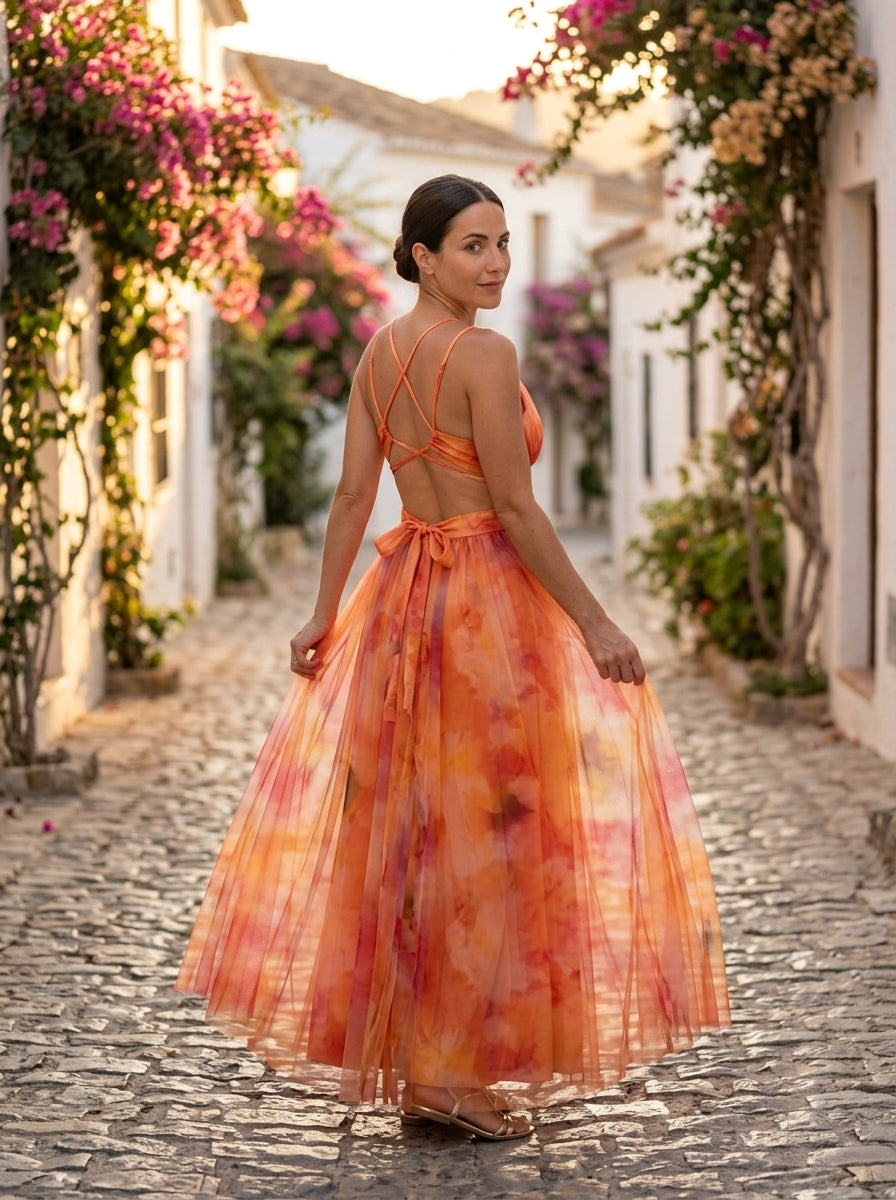 Giselle, vestido maxi de tul floral, espalda