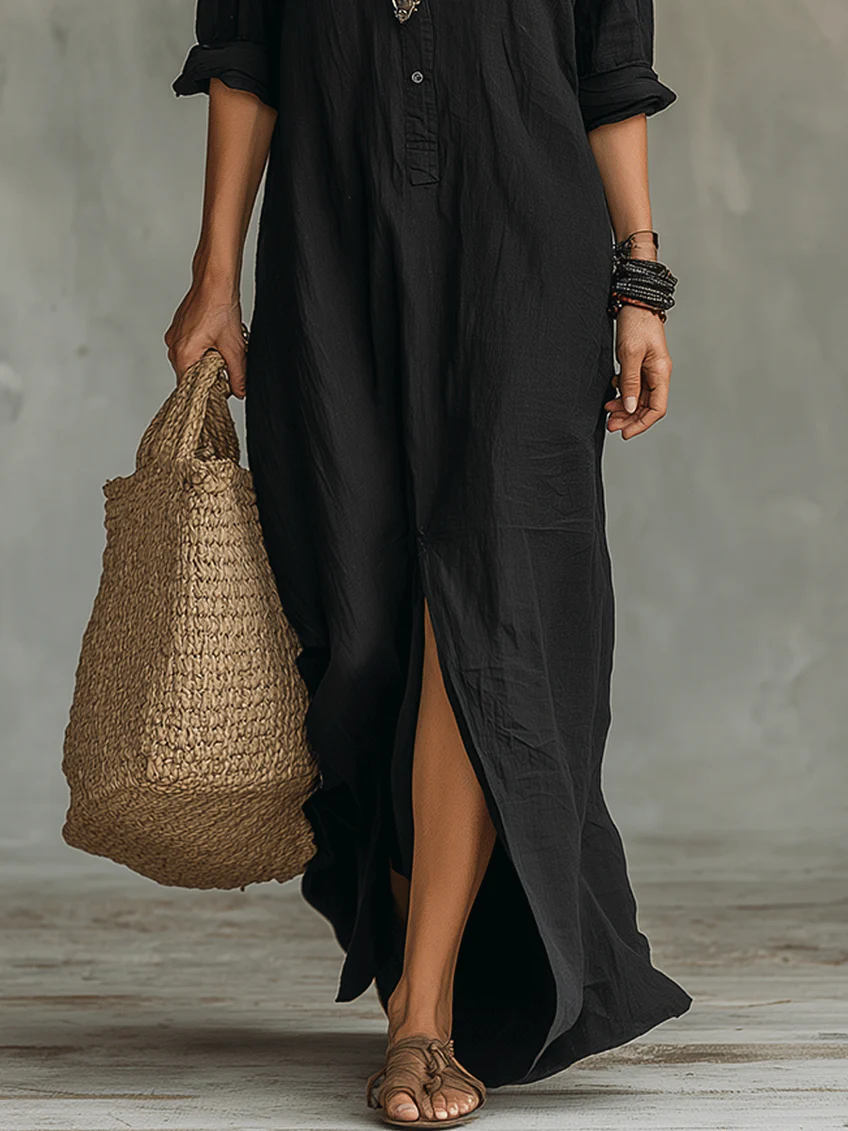 Soline™ | Vestido maxi negro fluido con botones