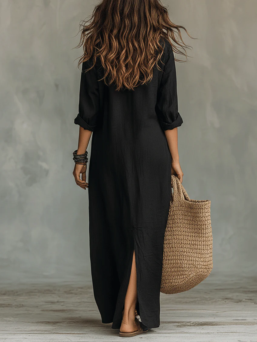 Soline™ | Vestido maxi negro fluido con botones