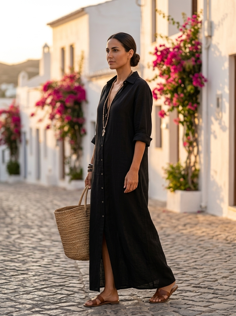 Verónica, vestido camisero maxi negro, perfil