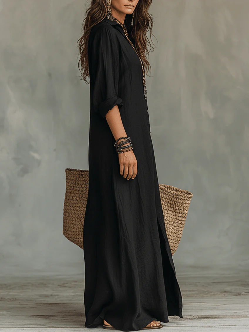 Soline™ | Vestido maxi negro fluido con botones