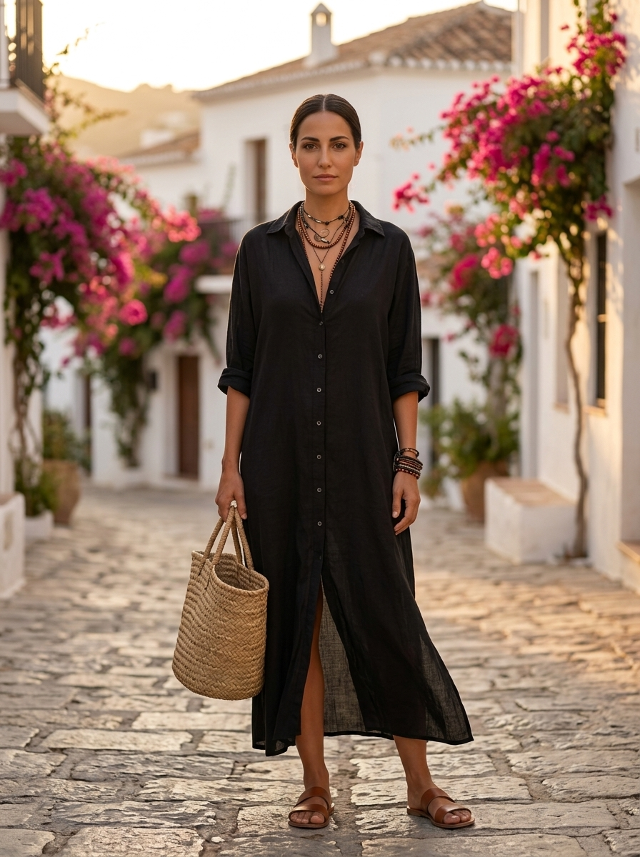 Verónica, vestido camisero maxi negro, detalle