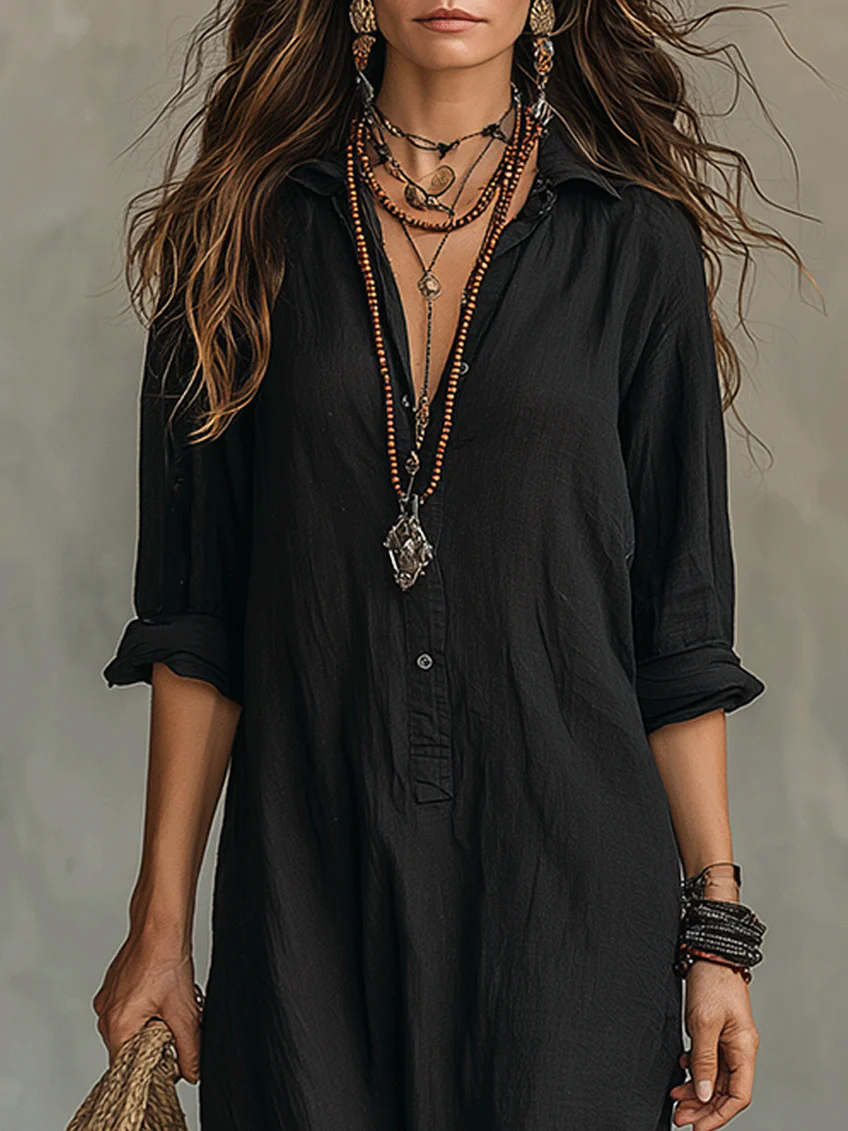 Soline™ | Vestido maxi negro fluido con botones