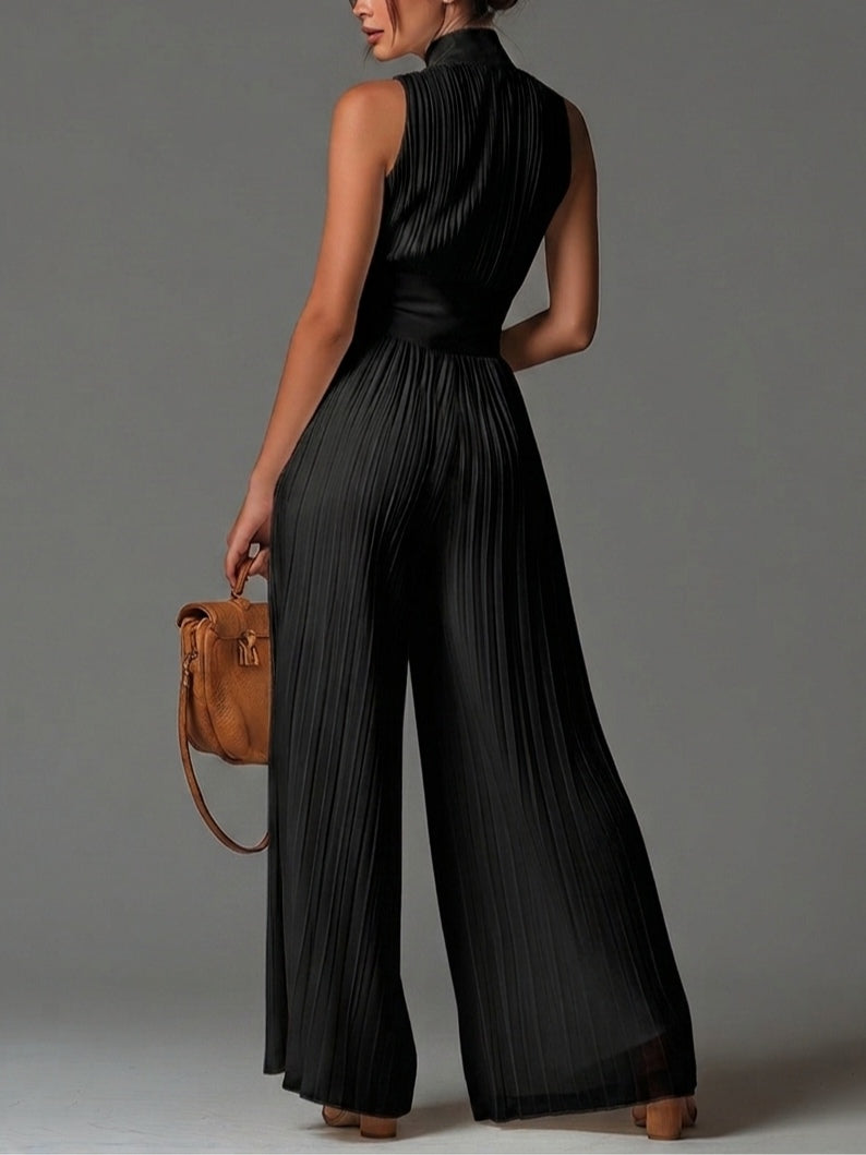 Mono sin mangas de cuello en V negro con cremallera y plisado de piernas anchas en chiffon