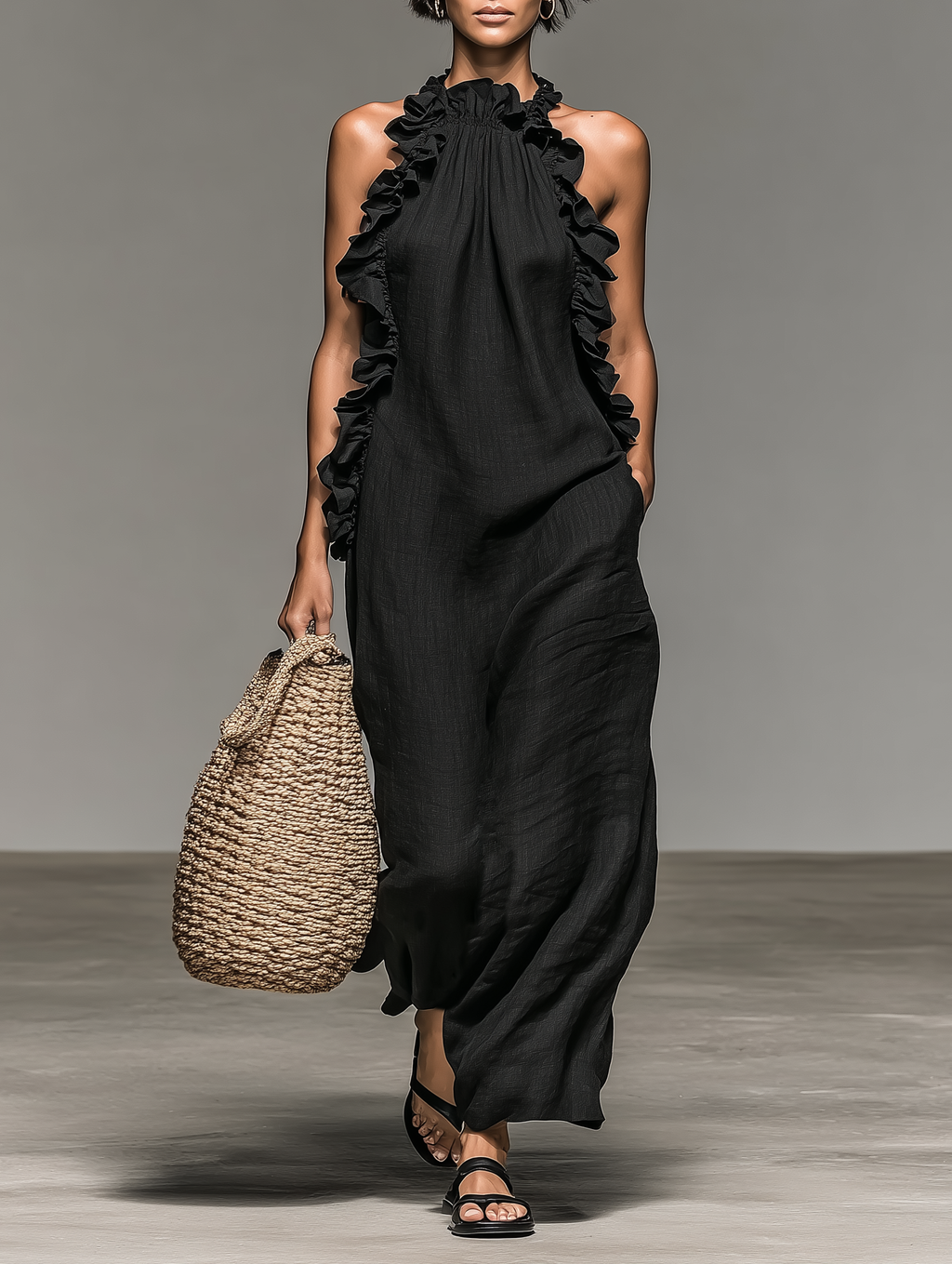 Vestido Maxi Sin Mangas en Mezcla de Lino Minimalista para Mujer con Detalles de Volantes