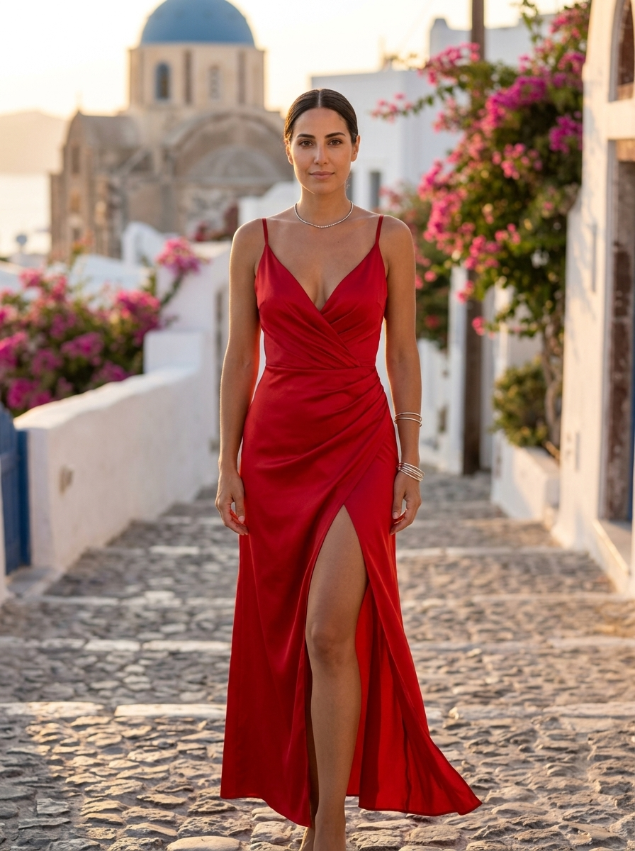 Ana, vestido de seda satinada en rojo