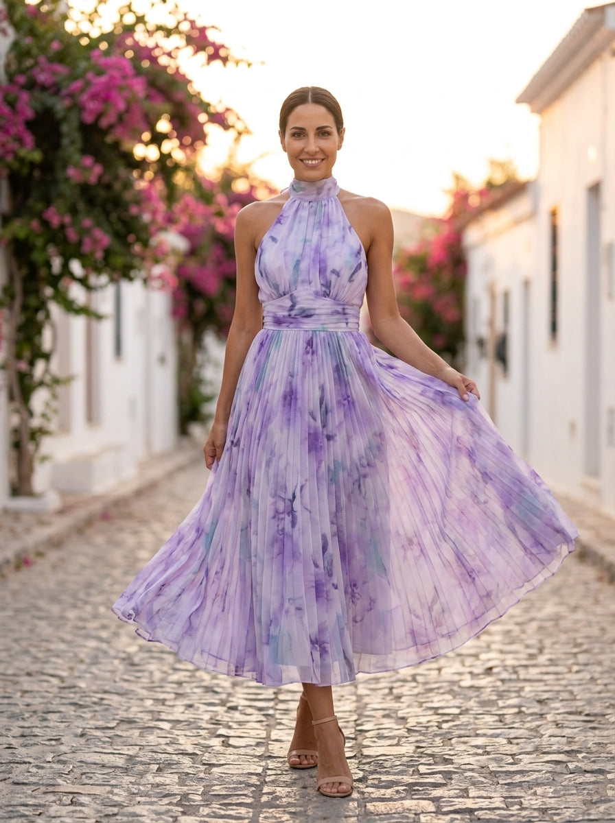 Aurora, vestido halter con estampado acuarela violeta