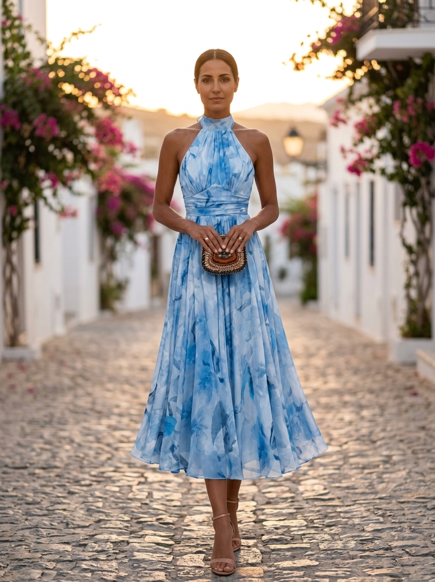 Aurora, vestido halter con estampado acuarela azul