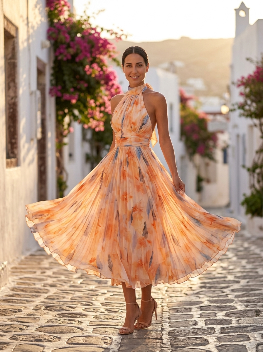 Aurora, vestido halter con estampado acuarela naranja