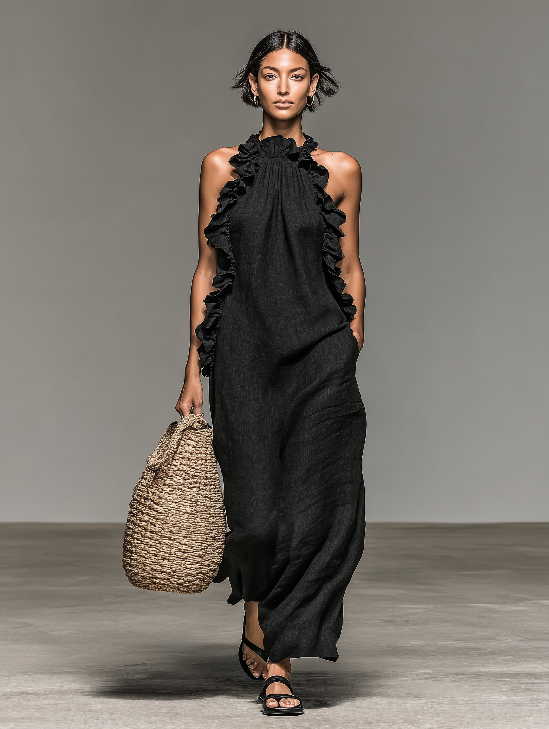 Vestido Maxi Sin Mangas en Mezcla de Lino Minimalista para Mujer con Detalles de Volantes
