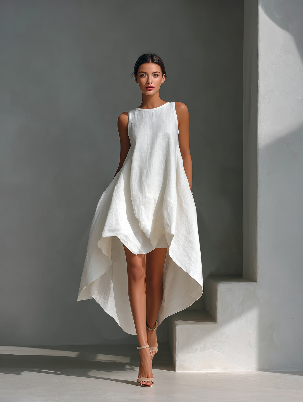 Vestido Midi Sin Mangas de Lino Blanco para Mujer con Cuello Redondo y Dobladillo Asimétrico