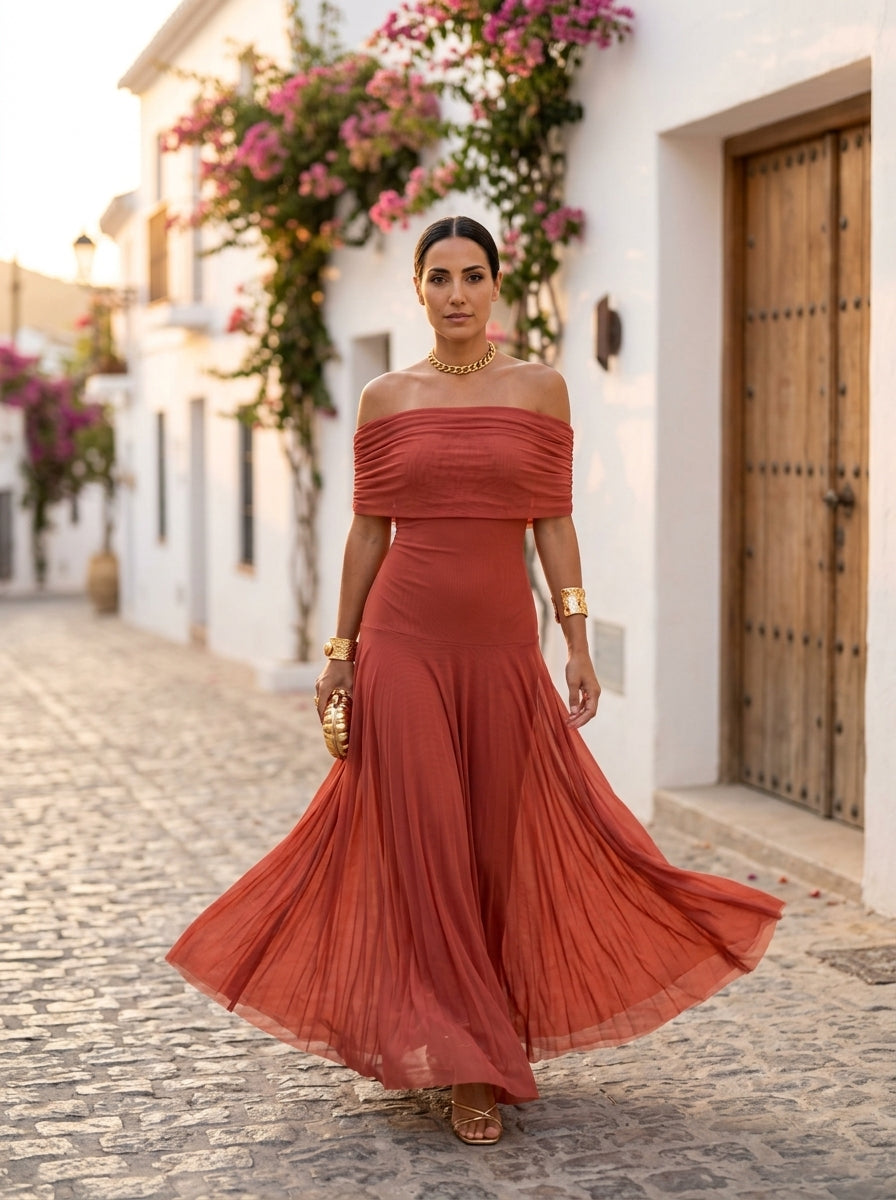 Toledo, vestido largo de tul rojo coral con hombros descubiertos