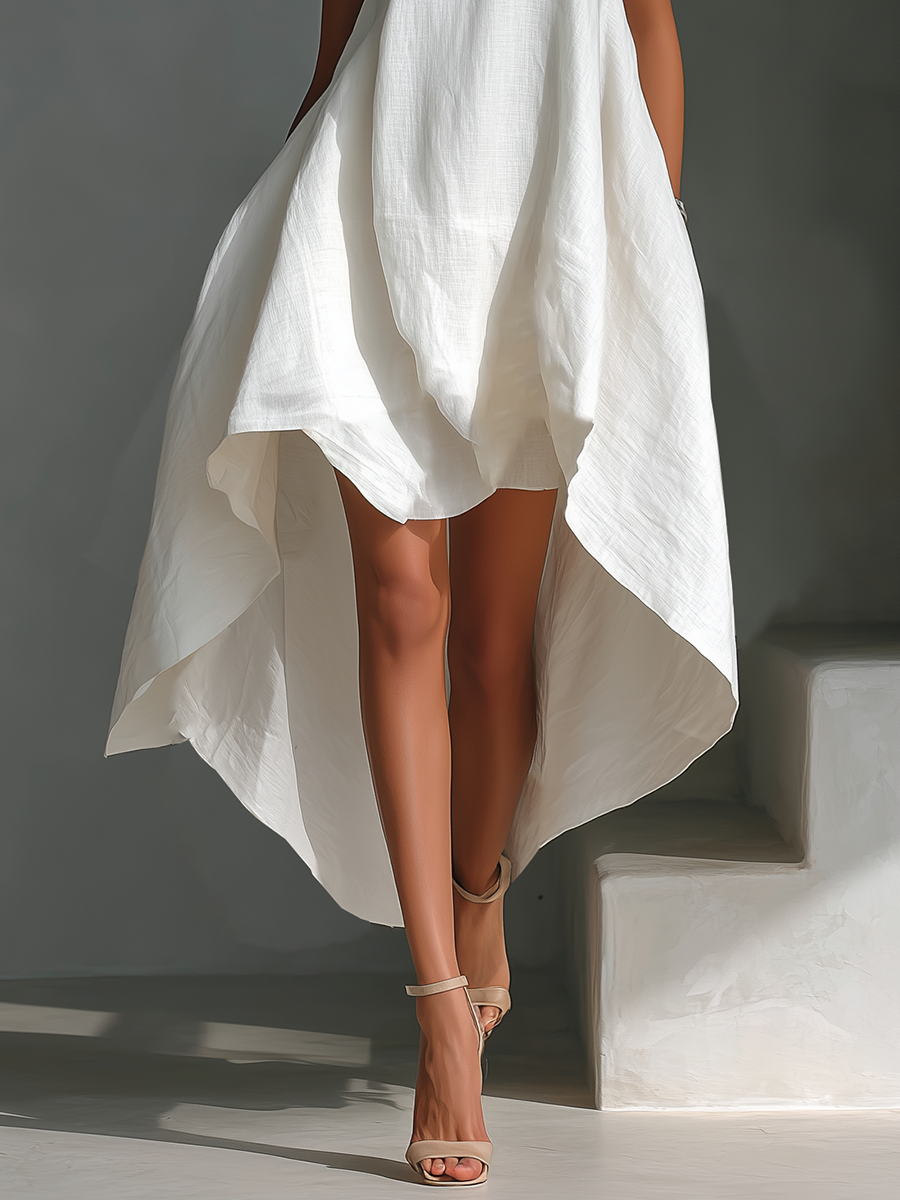 Vestido Midi Sin Mangas de Lino Blanco para Mujer con Cuello Redondo y Dobladillo Asimétrico
