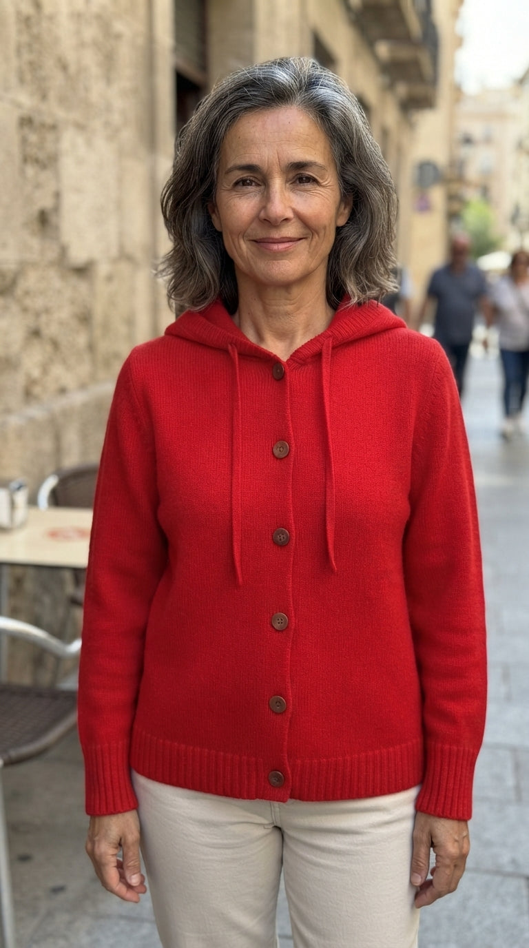 Adriana | Chaqueta de Punto con Capucha y Cordón - Rojo