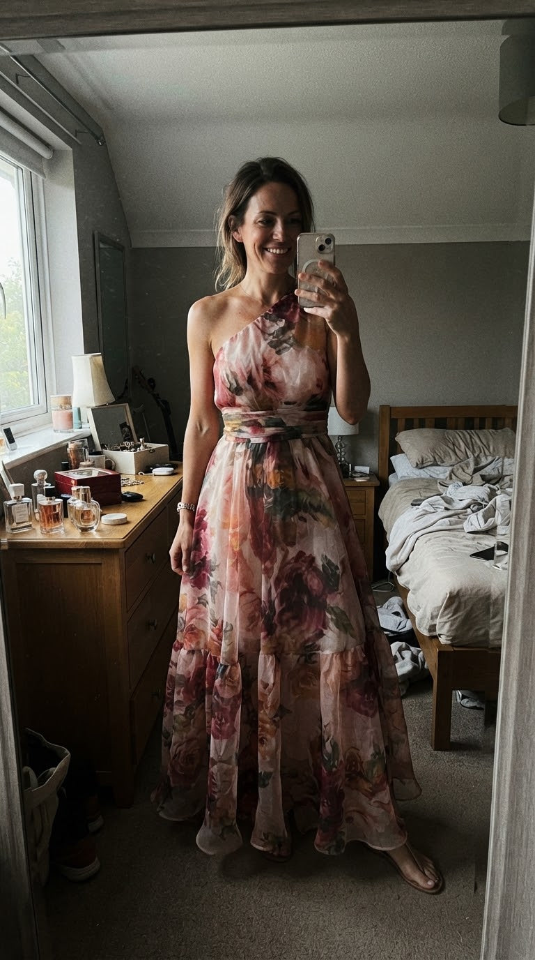 Clienta con el vestido Aurora floral asimétrico