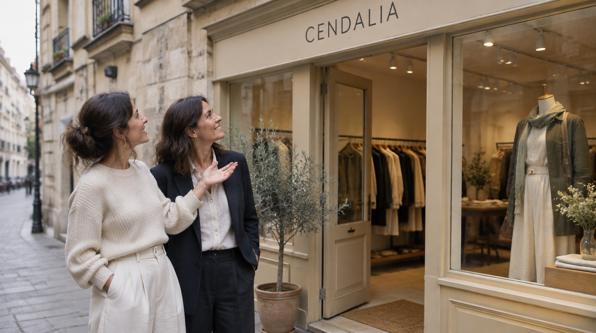 Dos mujeres conversando frente al escaparate de la tienda Cendalia