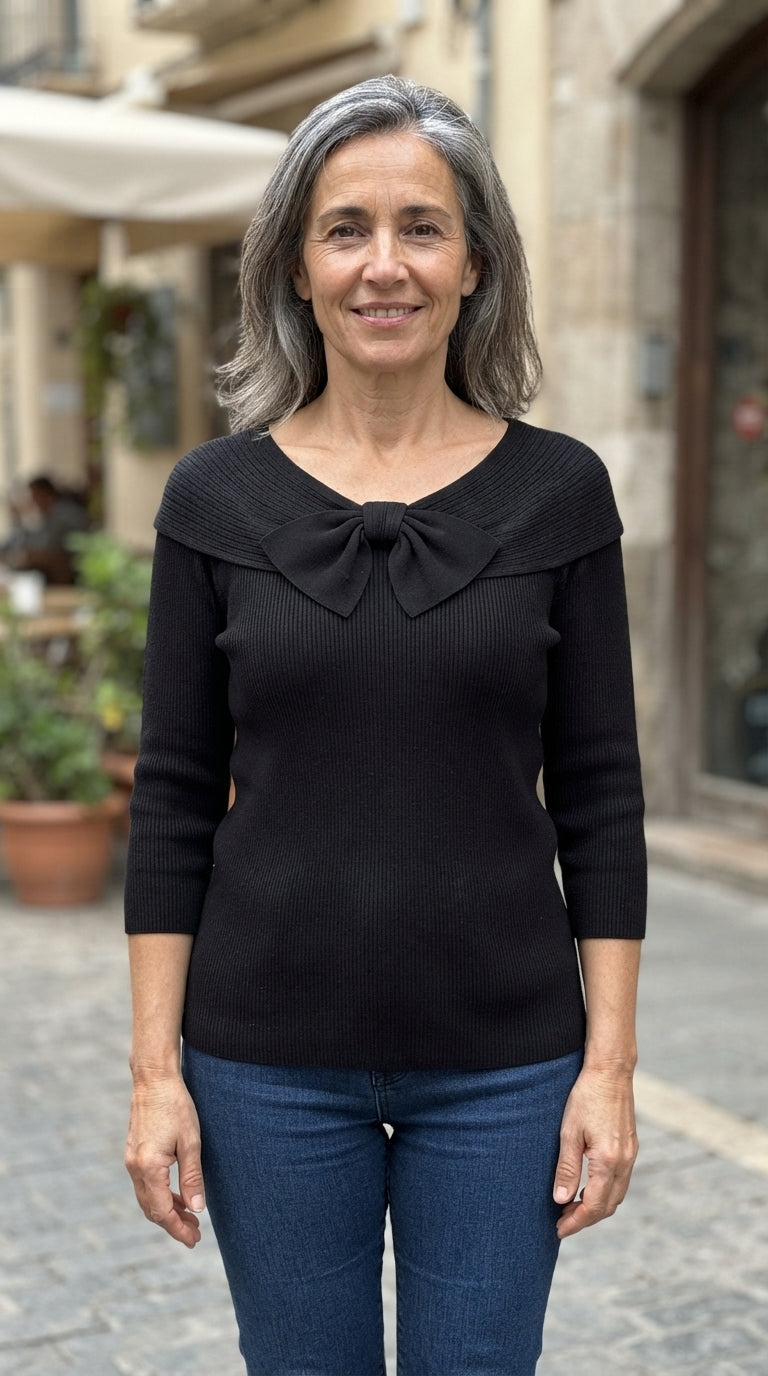 Blanca | Jersey de Canalé con Lazo - Negro