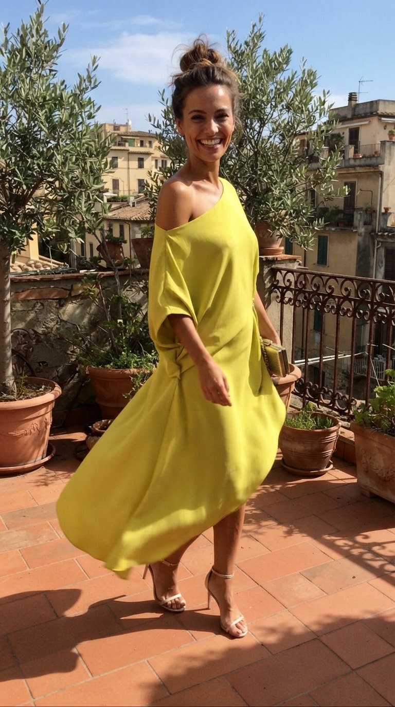 Clienta con el vestido Camila amarillo asimétrico