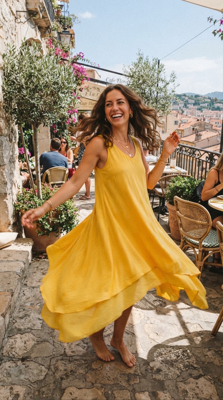 Clienta girando con el vestido Camila amarillo