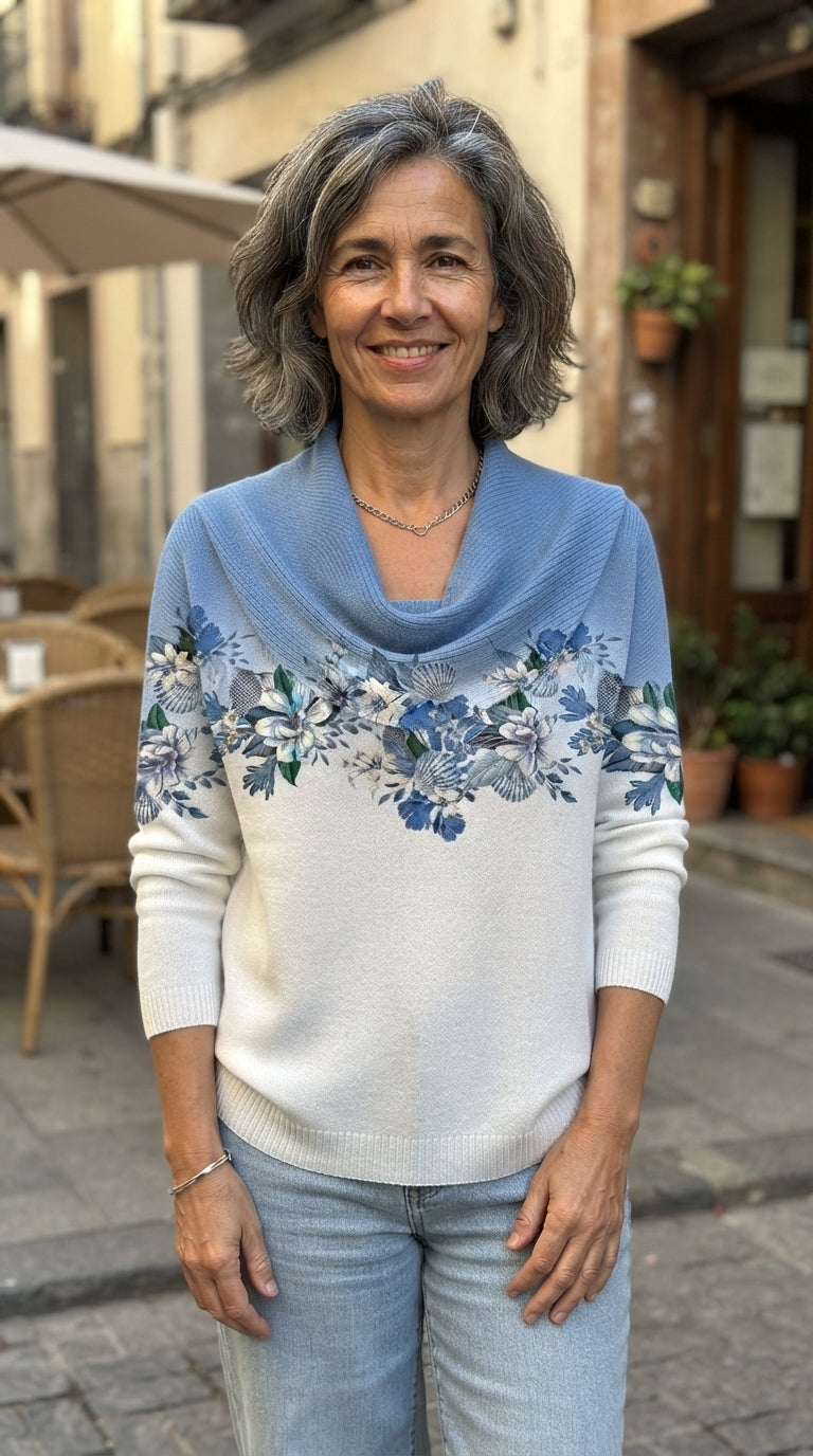 Clara | Jersey Floral de Algodón con Cuello Drapeado - Azul