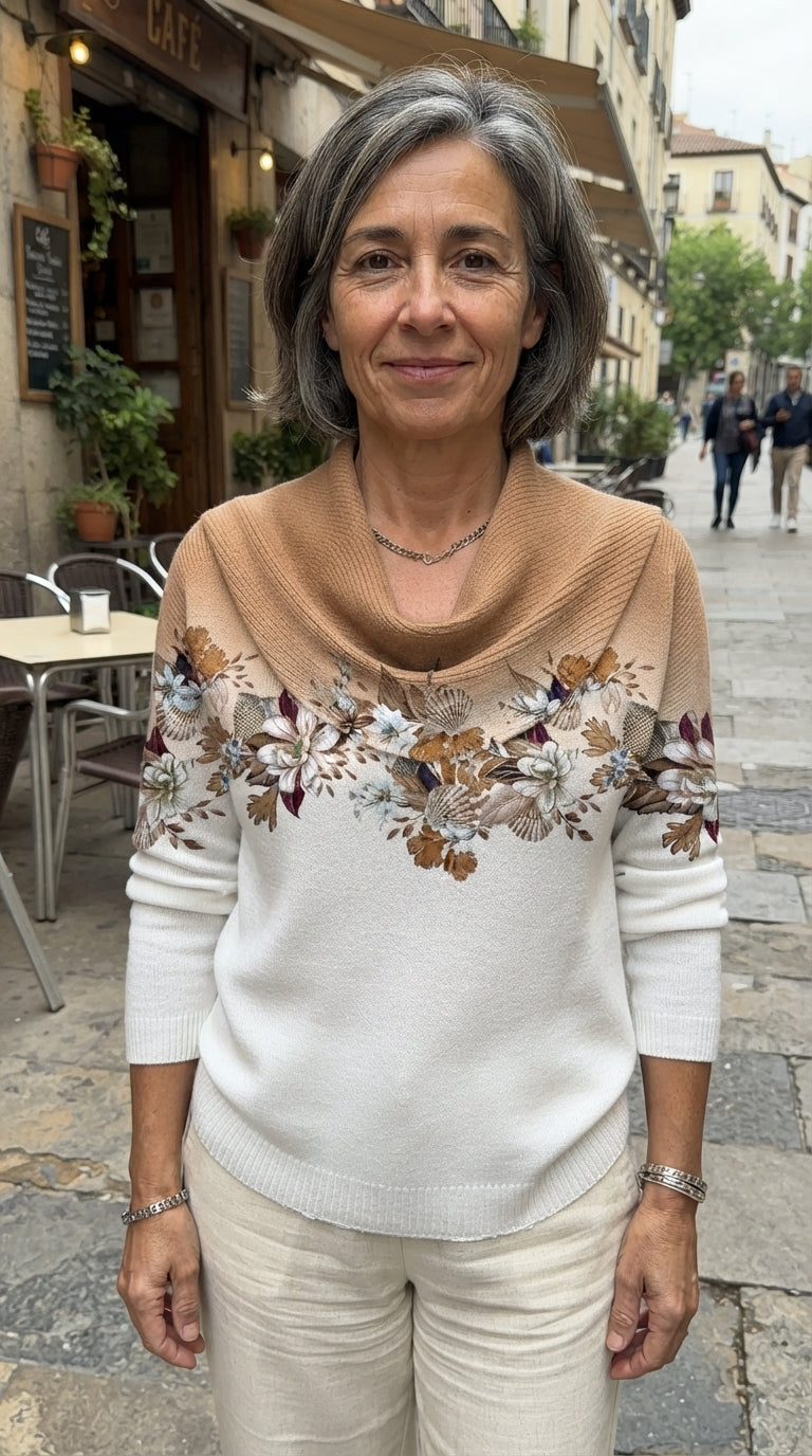 Clara | Jersey Floral de Algodón con Cuello Drapeado - Camel