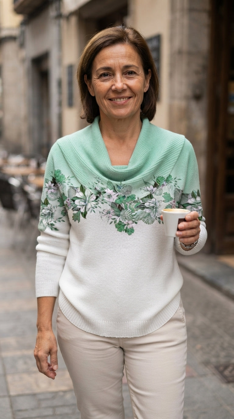 Clara | Jersey Floral de Algodón con Cuello Drapeado - Menta