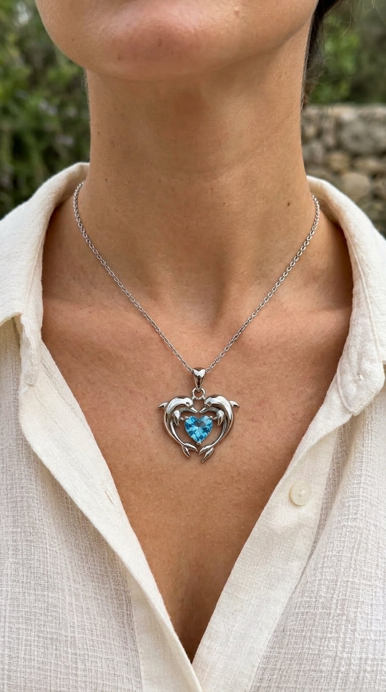 Collar atemporal en plata con doble delfín y ópalo