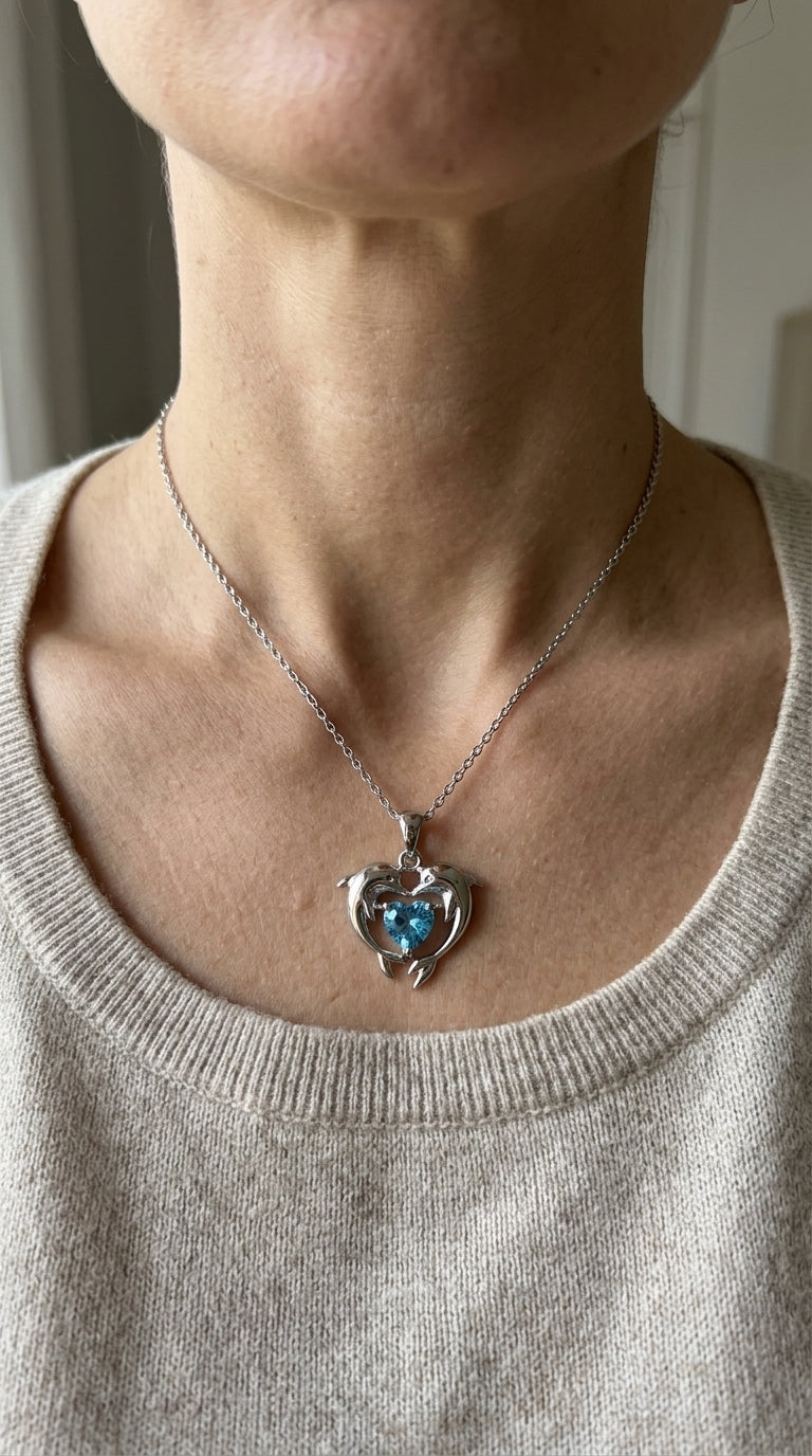 Collar atemporal en plata con doble delfín y ópalo