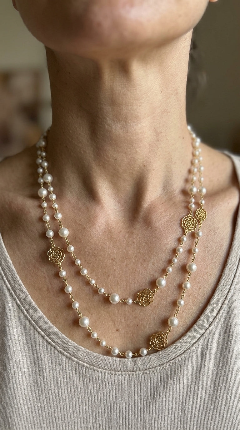 Collar elegante en oro con perlas