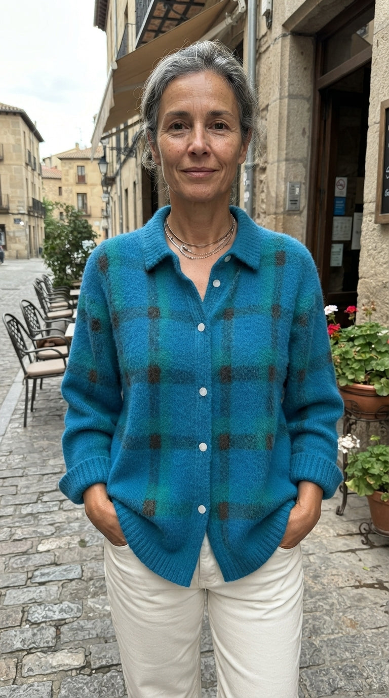 Elisa | Chaqueta de Punto de Cuadros - Azul