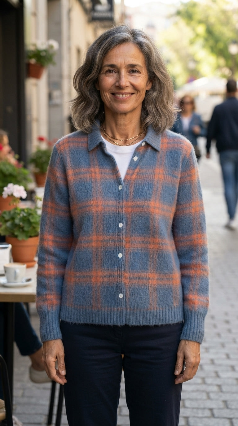 Elisa | Chaqueta de Punto de Cuadros - Azul y naranja