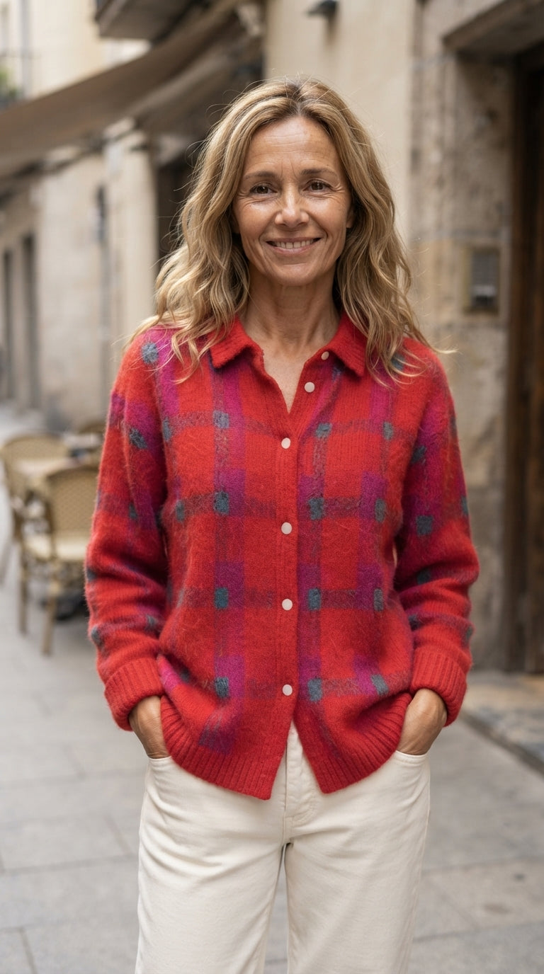 Elisa | Chaqueta de Punto de Cuadros - Rojo