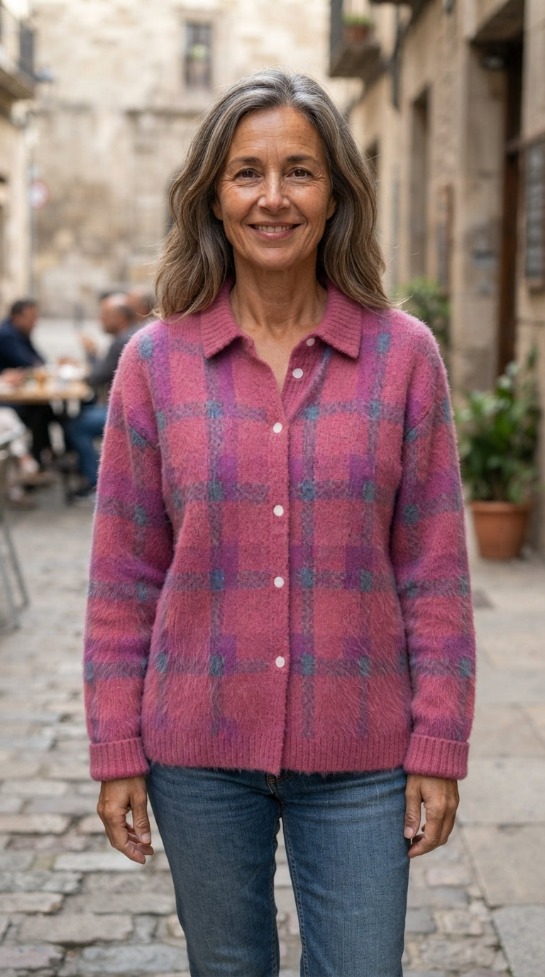 Elisa | Chaqueta de Punto de Cuadros - Rosa