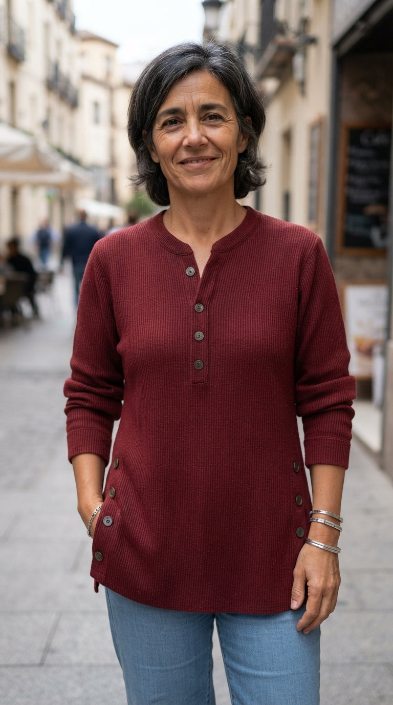 Fabiola | Jersey Túnica Henley con Botones - Burdeos