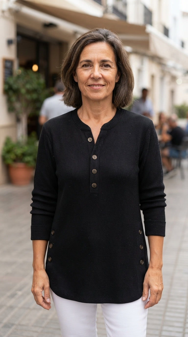 Fabiola | Jersey Túnica Henley con Botones - Negro